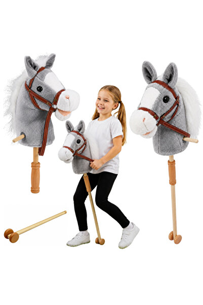 LEAN Cal de joacă pe băț, cu cap de cal, sunete de galop și oai, gri, 100 cm