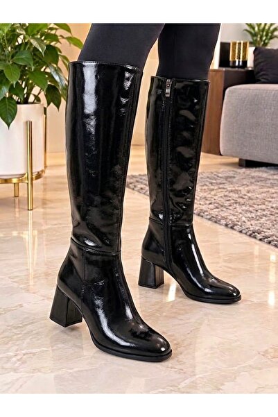 İ-ZZCELLA MODA Women's Black Patent Leather Below-Knee Boots with Low Thick H...