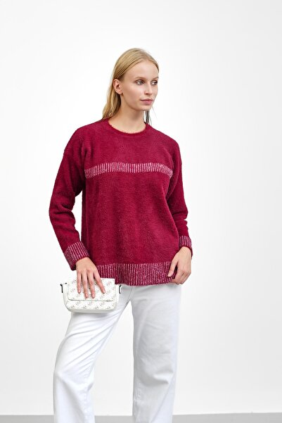 İmajButik Burgundy Crew Neck Striped Angora Soft Knit Sweater