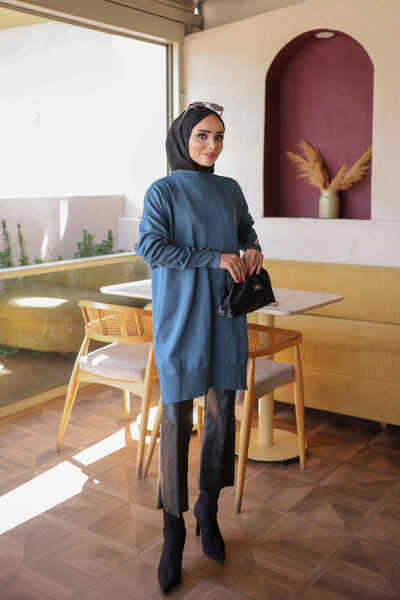 İmajButik Indigo Cold Yarn Knitwear Tunic with Cufflinks