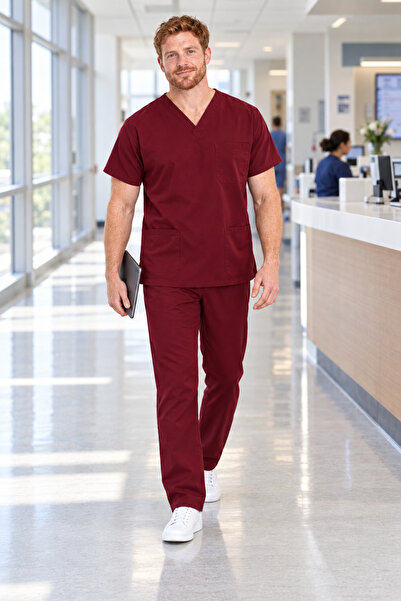 Aydın Online Men's Burgundy Nurse and Doctor Uniform V-Neck Relaxed Fit Elast...