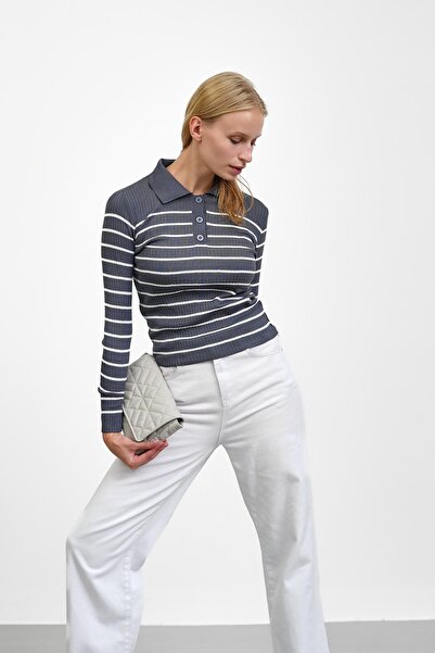 İmajButik Smoked Ribbed Polo Neck Knitwear Body Sweater