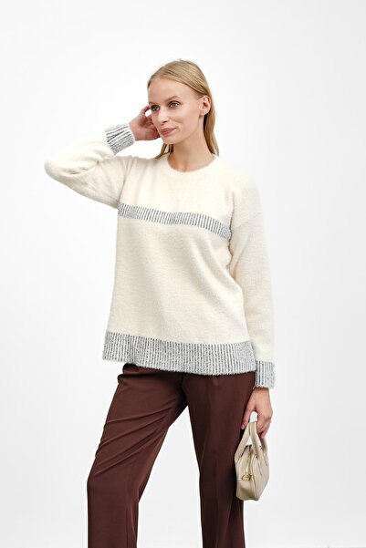İmajButik Cream Crew Neck Striped Angora Soft Knit Sweater