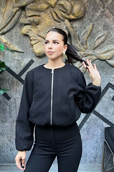 sunfyre Zero Collar Waist Elastic Detailed Cashmere Bomber Jacket Sun502