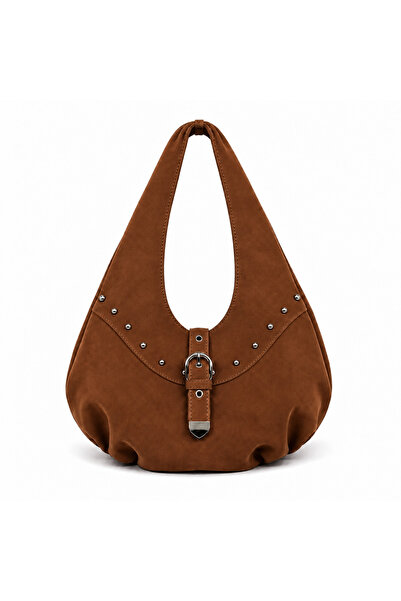 Elviora Noire Stud Kadın Taba Süet Hobo Omuz Çantası – Silver Tokalı Metal De...