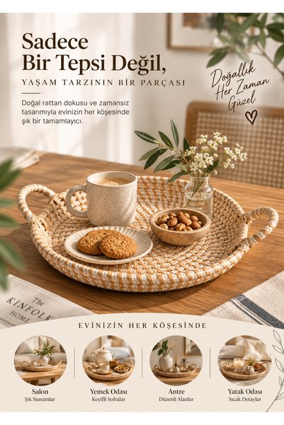 Lessio Home صينية تقديم روفينا راتان بمقابض، صينية تقديم زخرفية مصنوعة يدويًا، مقاس 33x31x5 سم