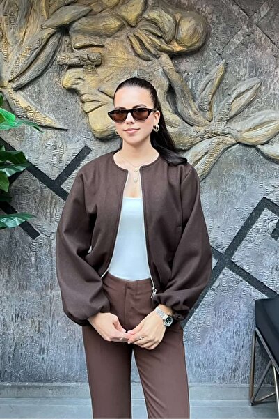 sunfyre Zero Collar Waist Elastic Detailed Cashmere Bomber Jacket Sun502