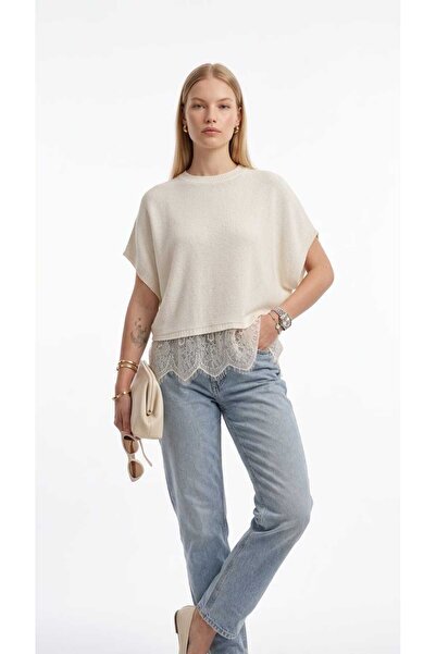 yeditepe fashion Lace Detailed Bat Pattern Knitwear Sweater