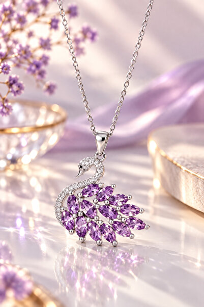 DuHaGüMüş Lavender Swan Mor Taşlı Kuğu Kolye 925 Ayar Gümüş Kadın Kolye Zirko...