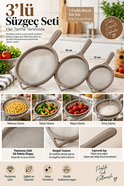 MAKRİ HOME 3-Piece Stainless Steel Wire Strainer Set 12-16-20 cm Earth Color