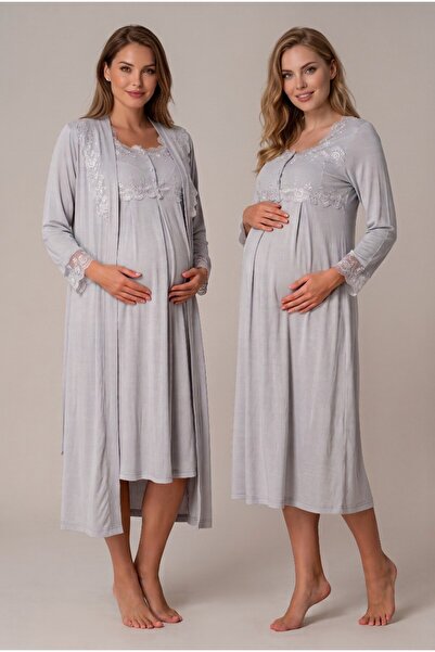 LOHOUSE Women's Gray Lace Long Sleeve Maternity Nightgown Set with Easy Nursi...