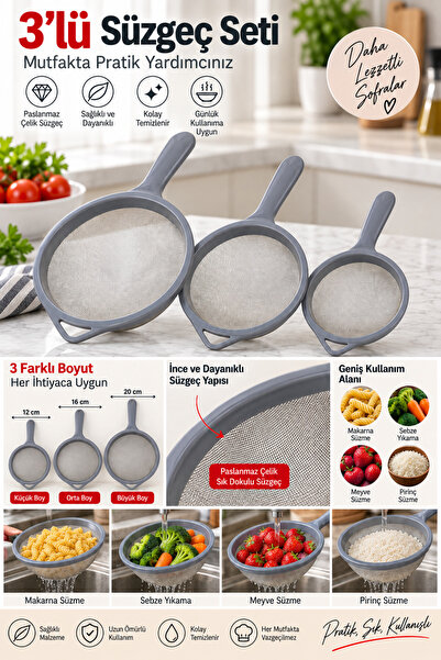 MAKRİ HOME Strainer Stainless Steel 3-Piece Set 12 Cm-16 Cm-20 cm
