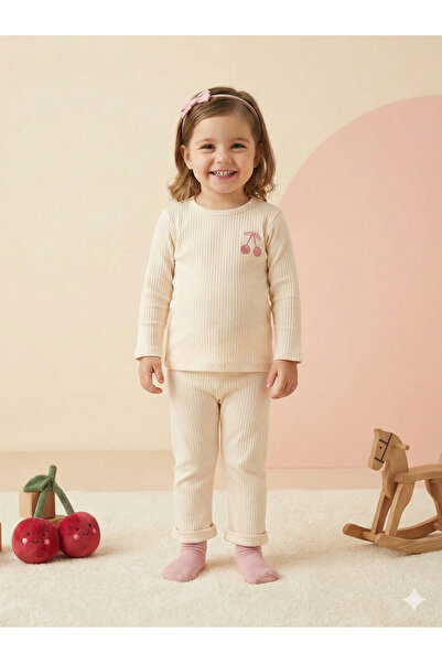 Momivi Kids Kız Bebek&Çocuk 2'li Takım Kiraz Nakışlı %100 Pamuk Uzun Kollu Üs...