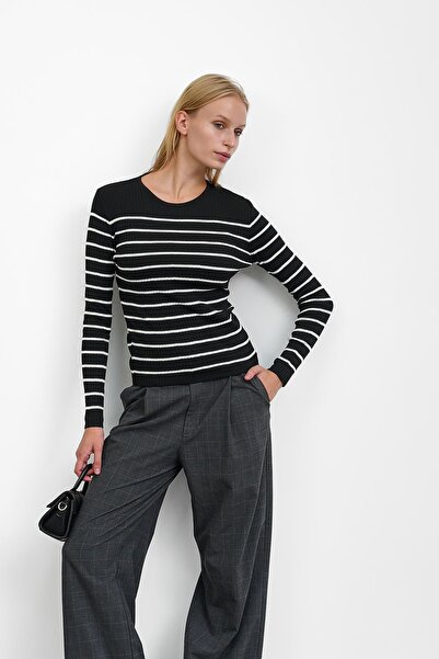 İmajButik Black Ribbed Simit Collar Striped Knitwear Body Sweater