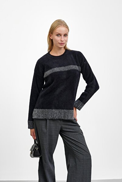 İmajButik Black Crew Neck Striped Angora Soft Knit Sweater