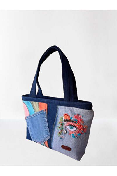 QuZeLLiK El Nakışlı Göz Desenli Patchwork Kot Çanta