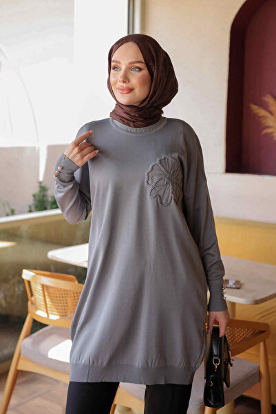 İmajButik Gray Floral Embroidered Cold Yarn Knitwear Tunic