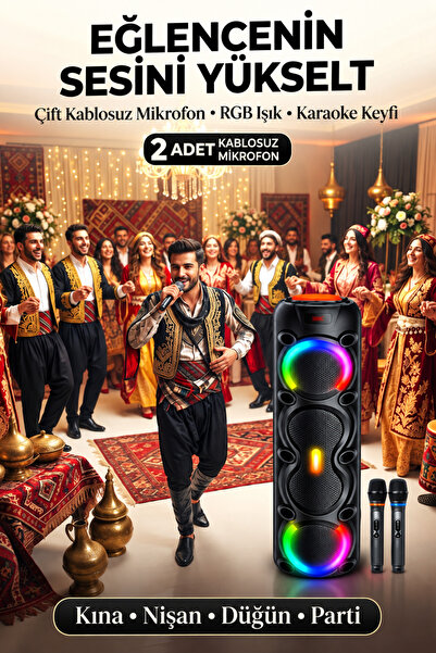 Maybax Büyük Boy Şarjlı Bluetooth Parti Hoparlörü Çift Kablosuz Mikrofon RGB Işıklı Karaoke USB TF AUX FM Radyolu