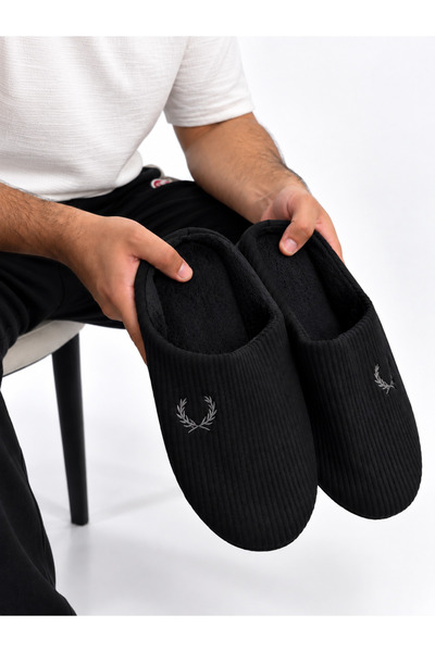 FootFrenzy Erkek Yumuşak Çizgili Erkek Peluş İçi Tüylü Ev Terliği Kışlık Kayd...