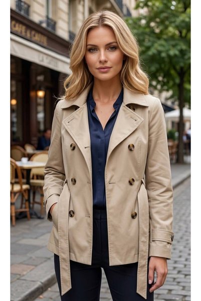 tülaybutik Women's Buttoned Short Standard Length Lined Trench Coat Oversized Cut