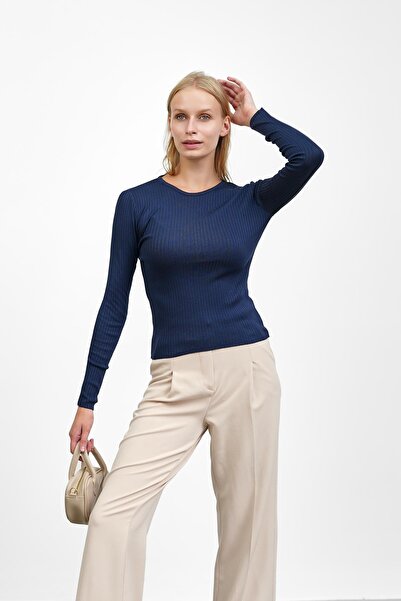 İmajButik Navy Blue Ribbed Simit Collar Knitwear Body Sweater