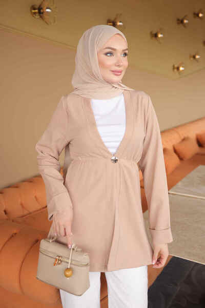 İmajButik Beige Layered Single Button Dabıl Crep Jacket