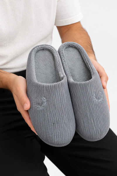 FootFrenzy Erkek Yumuşak Çizgili Erkek Peluş İçi Tüylü Ev Terliği Kışlık Kayd...