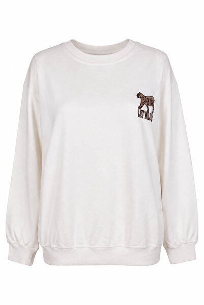 trender Lamb Embroidery O-Neck Ecru Women's Sweatshirt 27Kdt1000025