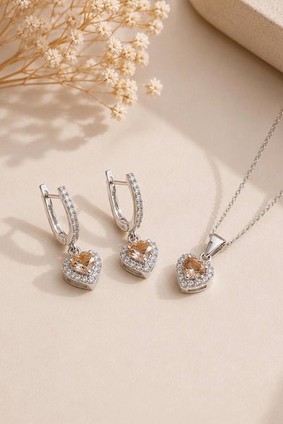 Gümüş Pazarım Zultanit Taşlı Kalp Gümüş Set