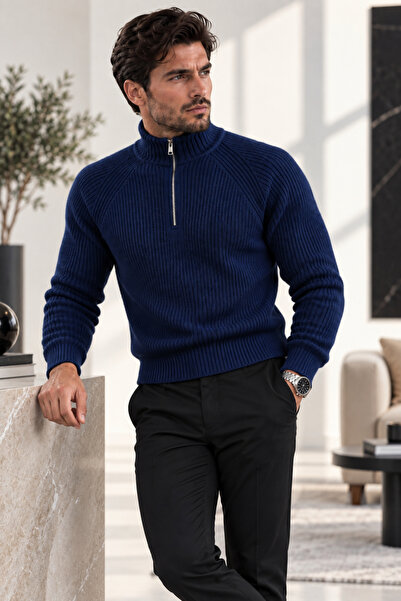 EMR Online Men's Knitwear Sweater Half Zipper Turtleneck Knitted Patterned Lo...