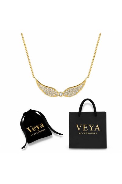 VEYA قلادة نسائية فضة استرليني 925 مطلية بذهب عيار 14 بتصميم جناحين مرصعين بأ...