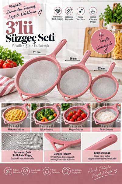 MAKRİ HOME 3-Piece Stainless Steel Wire Strainer Set 12-16-20 cm Pink Kitchen...