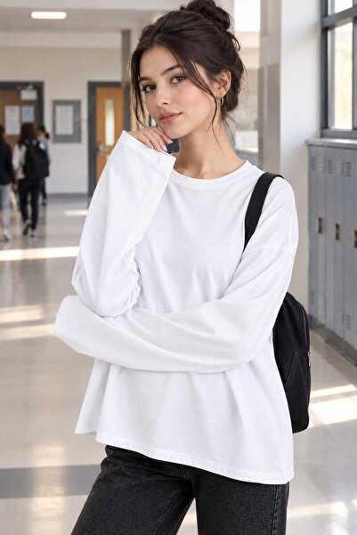 LYZALÜXEN Basıl Kadın %100 Pamuk Bisiklet Yaka Oversize Fit Uzun Kollu Beyaz ...