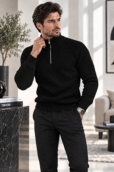 EMR Online Men's Knitwear Sweater Half Zipper Turtleneck Knitted Patterned Lo...