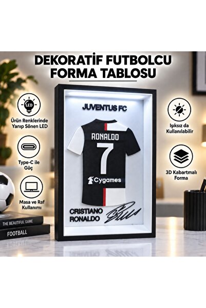 PİYATECH Cristiano Ronaldo 7 - Juventus 3D Futbolcu Forma Tablosu – LED Işıkl...