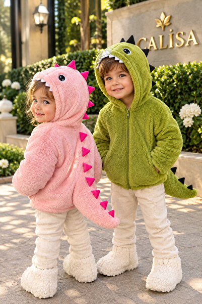 CALİSA Girl's Dinosaur Plush Cardigan Hooded 2-5 Years Old Winter Plush Coat ...