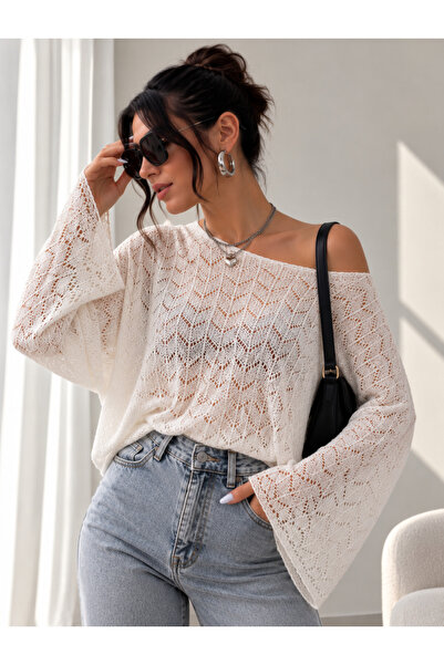 moda mh Kayık Yaka Perforated Knitted Sweater Blouse