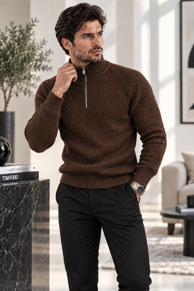 EMR Online Men's Knitwear Sweater Half Zipper Turtleneck Knitted Patterned Lo...