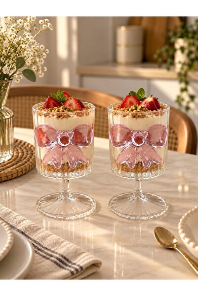 Qerhome 2-Piece Pink Bow Detailed Glass Dessert Presentation Cup Set - Magnol...