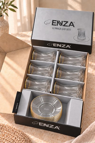 Enza Selvi 12 Parça Çay Seti Altın Yaldızlı Kristal Kesim Cam Çay Bardağı Takımı