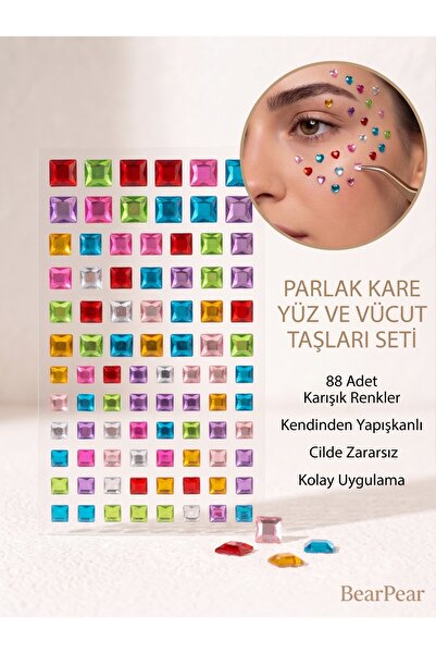 BearPear Kare Yüz Taşı Çok Amaçlı Renkli Kare Yüz, Vücut, Tırnak Stickerları
