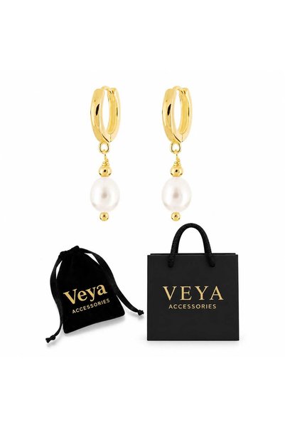 VEYA أقراط نسائية فضة استرليني 925 مطلية بذهب عيار 14 بتعليقة لؤلؤية مستطيلة ...