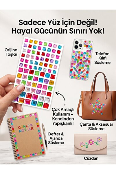 BearPear Kare Yüz Taşı Çok Amaçlı Renkli Kare Yüz, Vücut, Tırnak Stickerları