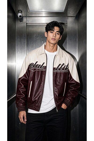 Oksit Club Ltd Nakış Detaylı Vintage Colorblock Gömlek Yaka Deri Bomber Ceket