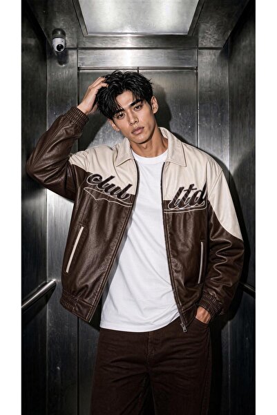 Oksit Club Ltd Embroidery Detailed Vintage Colorblock Shirt Collar Leather Bo...
