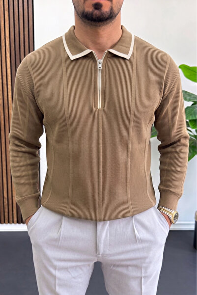 Edwox Men's Polo Collar Zippered Sweater Light Brown Edw510