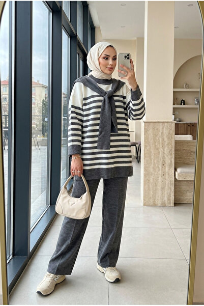 Kirazca Butik Women's Hijab Striped Knitwear Set with Shoulder Shawl Detail, ...