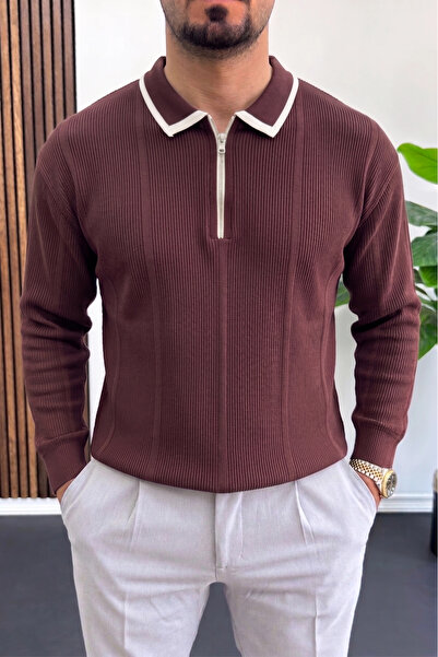 Edwox Men's Polo Collar Zippered Sweater Claret Red Edw510