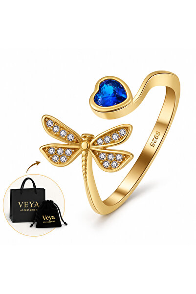VEYA Original 925 Silver Jewelry Blue Heart Gemstone and Dragonfly Design Ring