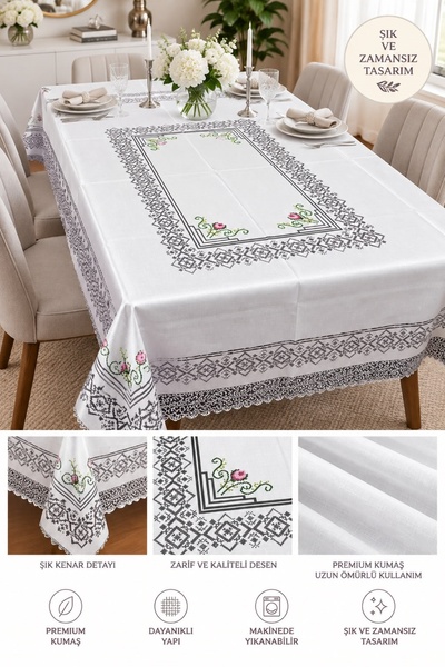 Zeria Home Pembe Gül Kanaviçe Nakış Desenli Masa Örtüsü Bahçe Balkon Salon Mu...